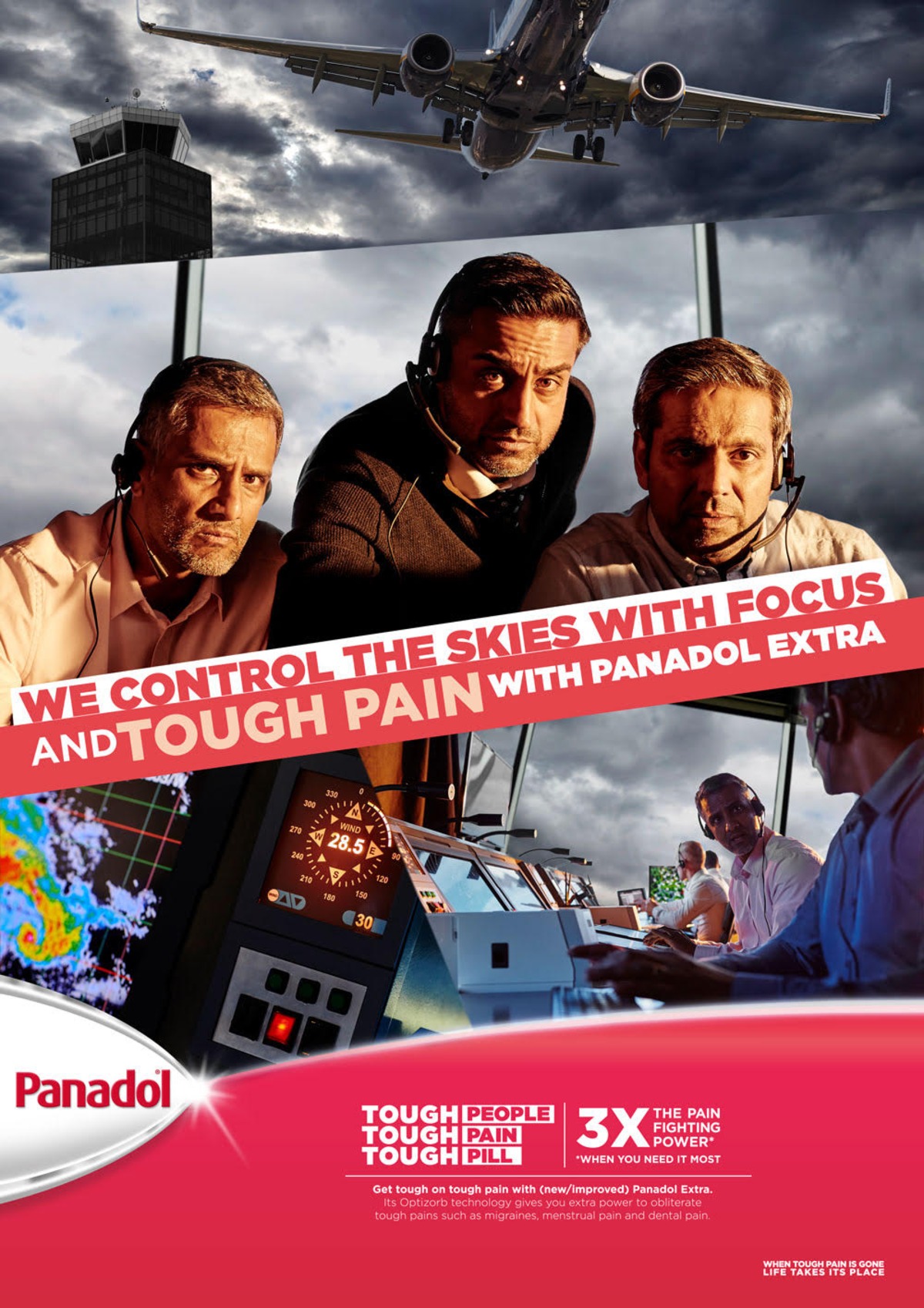 Three controllers with headsets monitor air traffic in a tense office advert for Panadol pain medication.