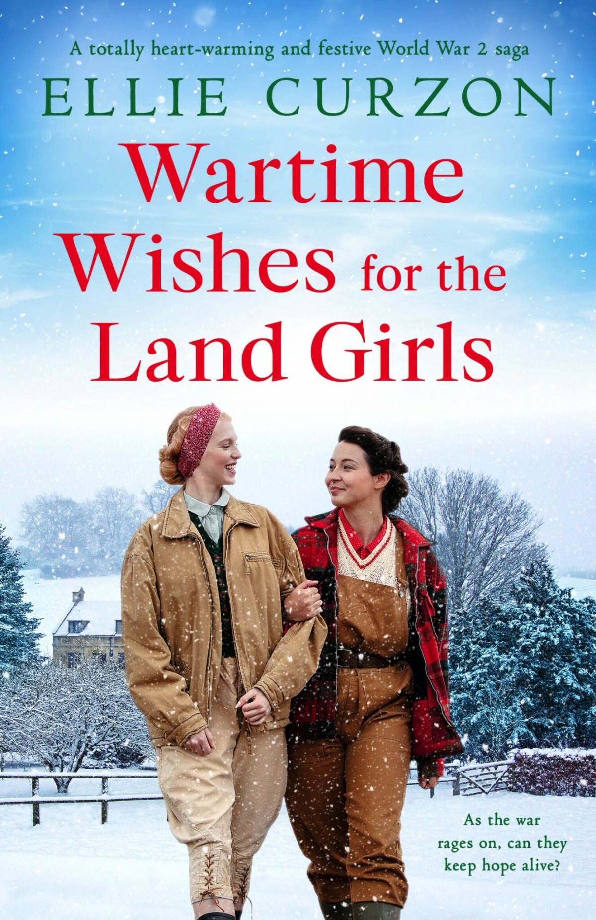 Two women wearing vintage workwear walk together through a snowy landscape for a book cover advertisement shot.